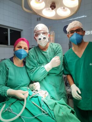 A imagem mostra parte da equipe responsável pela cirurgia, Nela há três pessoas com uniforme verde, touca, máscara e luva.
